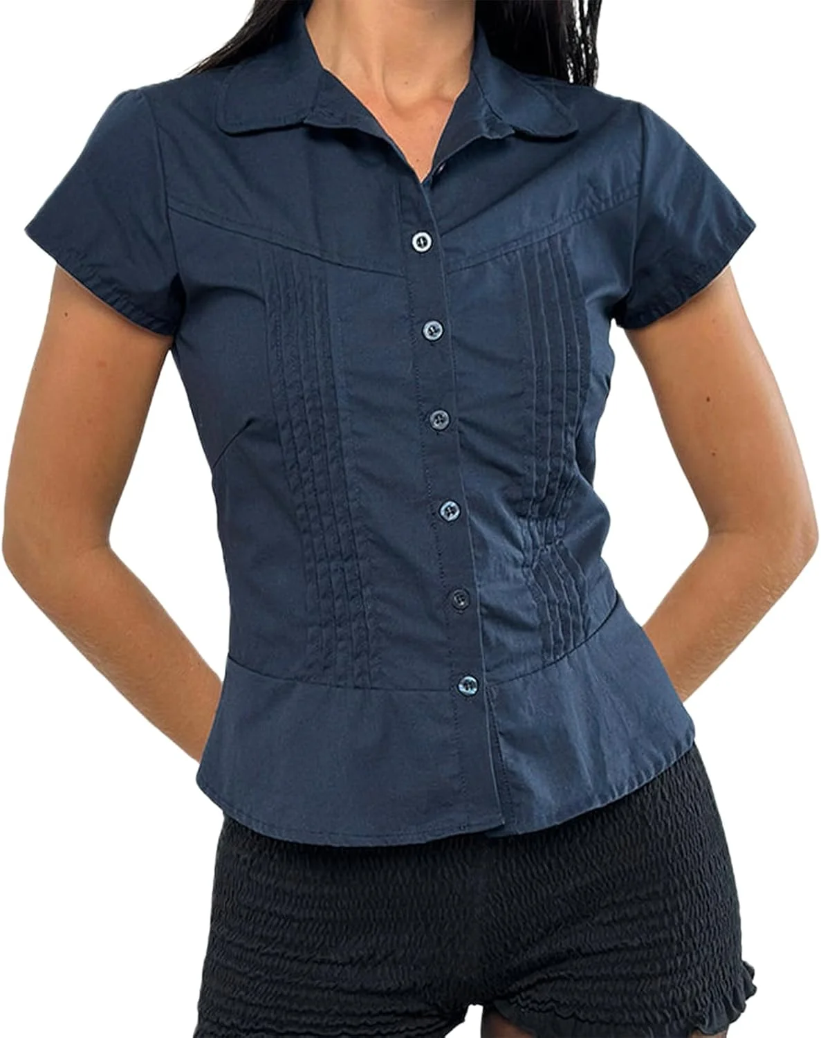 بلوز زنانه دکمه دار آستین کوتاه طرح چهارخانه Y2k یقه هفت مدل قدیمی