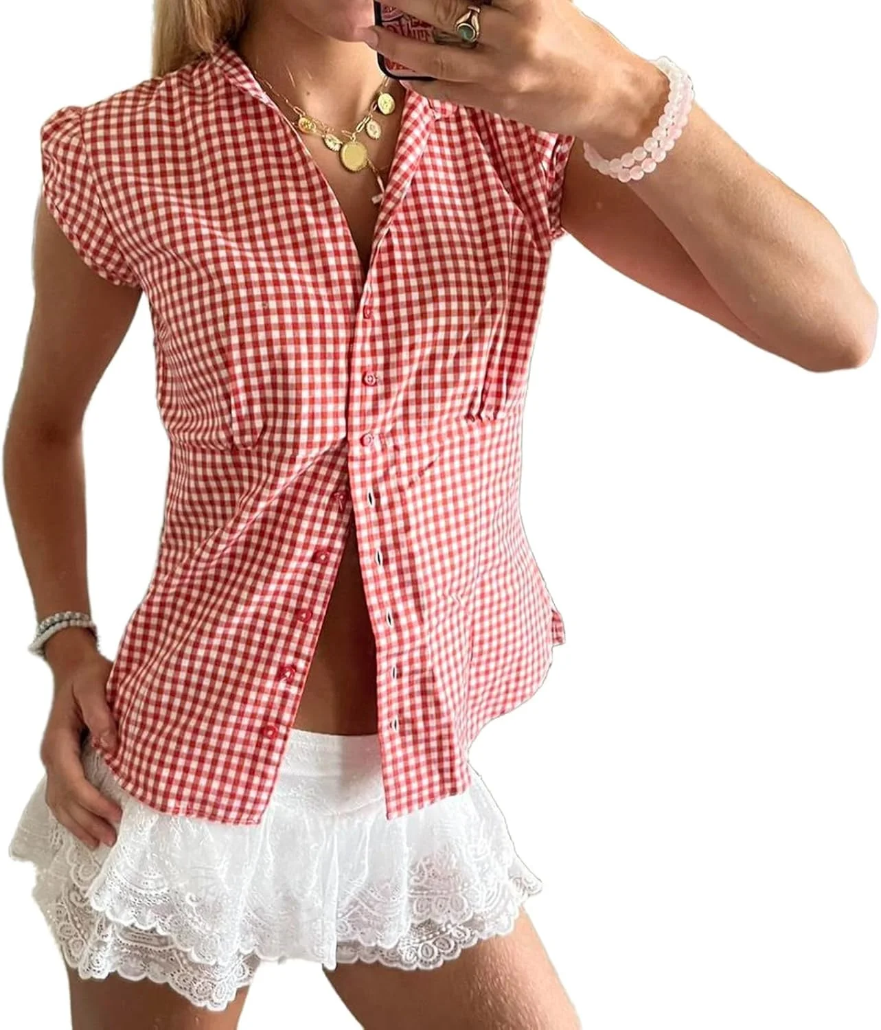 بلوزهای دکمه دار آستین کوتاه زنانه Y2k، تاپ های کوتاه یقه هفت Coquette، بلوزهای مجلسی جذب و قدیمی