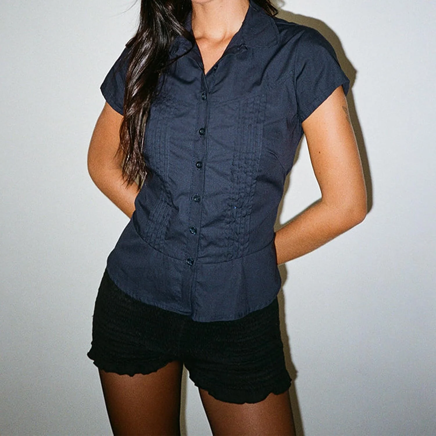 بلوز زنانه دکمه دار آستین کوتاه طرح چهارخانه Y2k یقه هفت مدل قدیمی