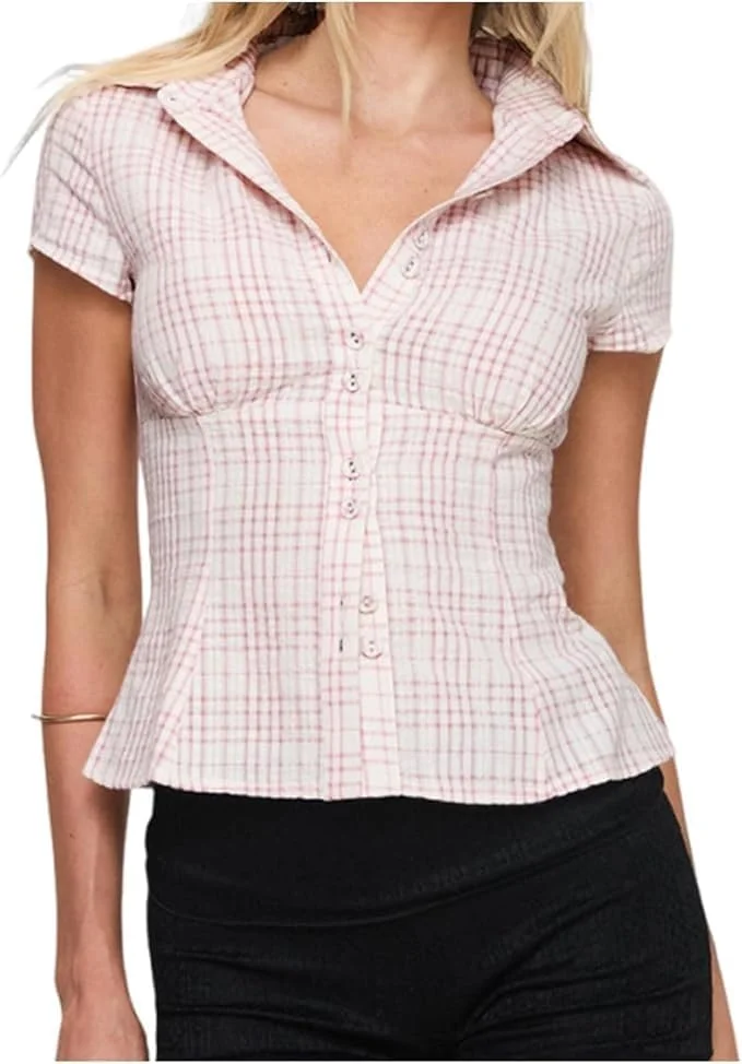 بلوز زنانه دکمه دار آستین کوتاه Y2k، تاپ دکمه دار یقه هفت غیر رسمی، بلوز جذب و طرح قدیمی مناسب مهمانی، سایز M، تک سایز