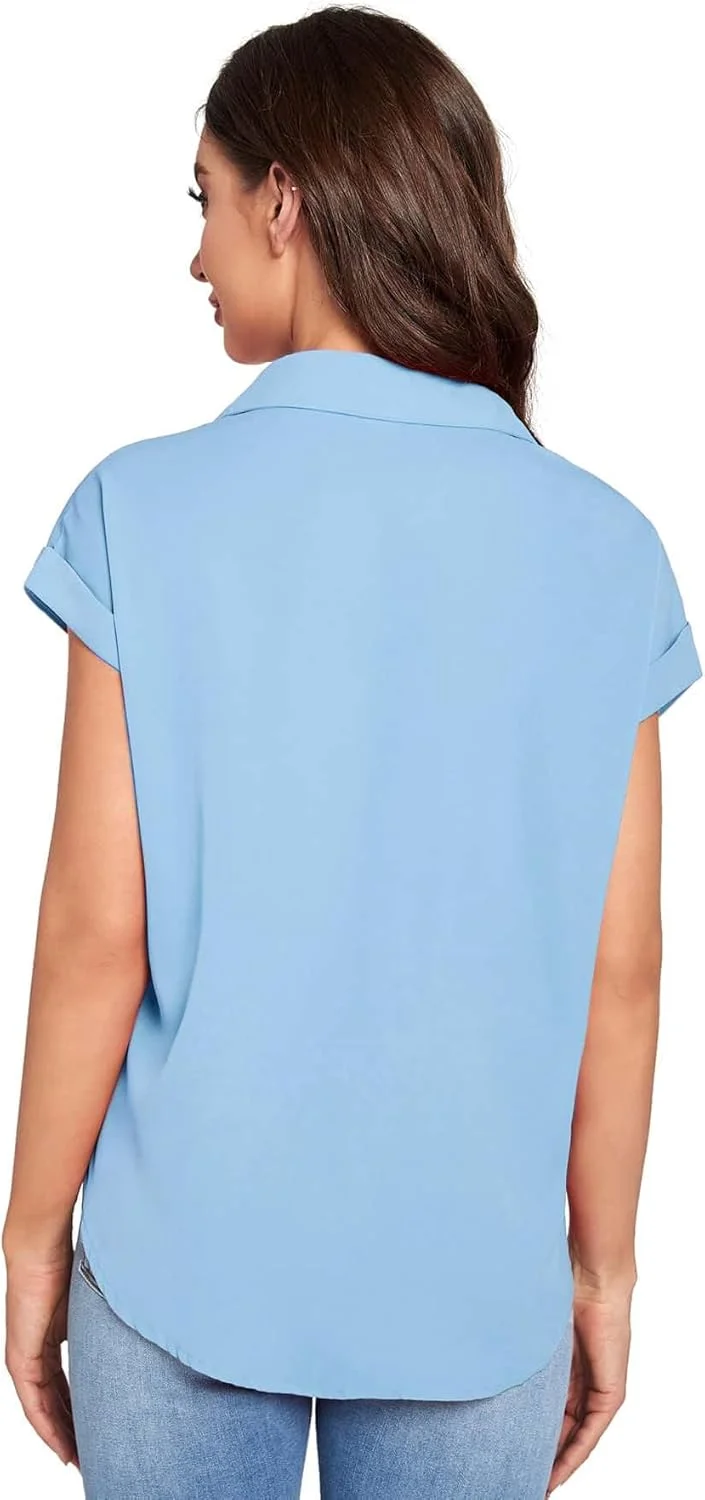 بلوز زنانه آستین کوتاه دکمه دار یقه دار گره ای جلو