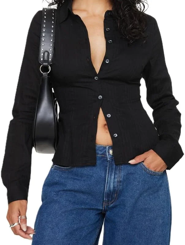 بلوز زنانه آستین بلند دکمه دار Y2K یقه برگردان اندامی طرح دار چهارخانه