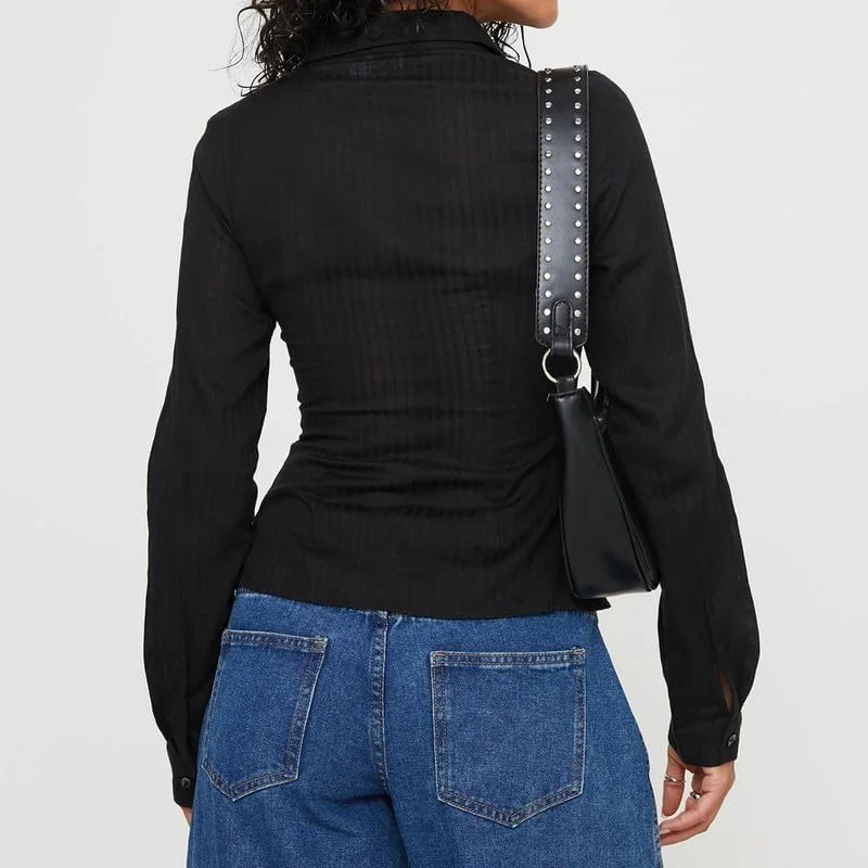 بلوز زنانه آستین بلند دکمه دار Y2K یقه برگردان اندامی طرح دار چهارخانه