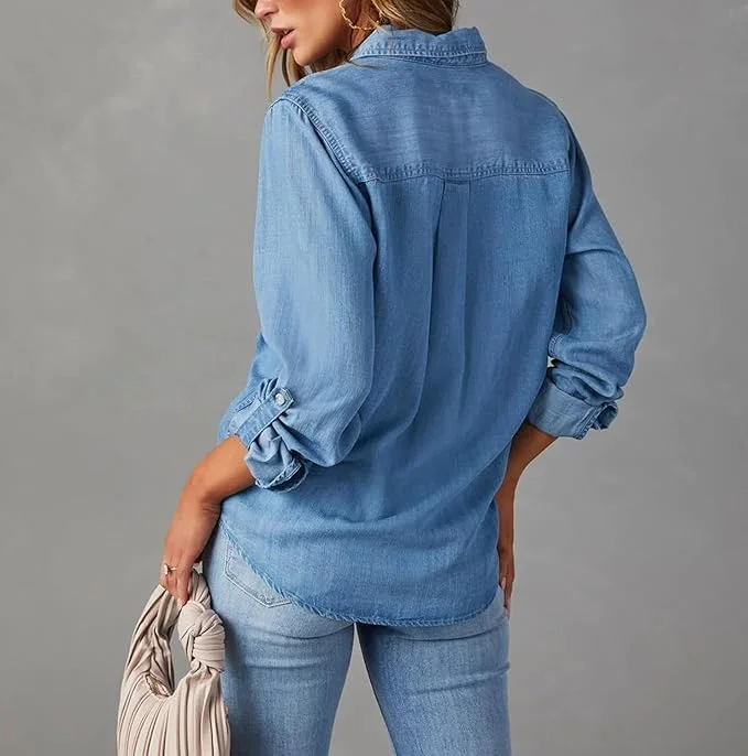 پیراهن جین آستین بلند زنانه دکمه دار، بلوز شومیز جین دکمه ای غیر رسمی