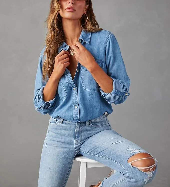 پیراهن جین آستین بلند زنانه دکمه دار، بلوز شومیز جین دکمه ای غیر رسمی