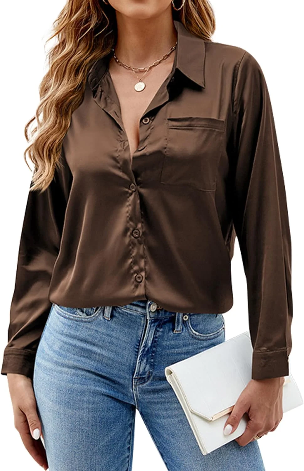 SEAUR پیراهن ساتن زنانه آستین بلند بلوز ابریشمی دکمه دار مناسب کار تاپ غیر رسمی و اداری با جیب