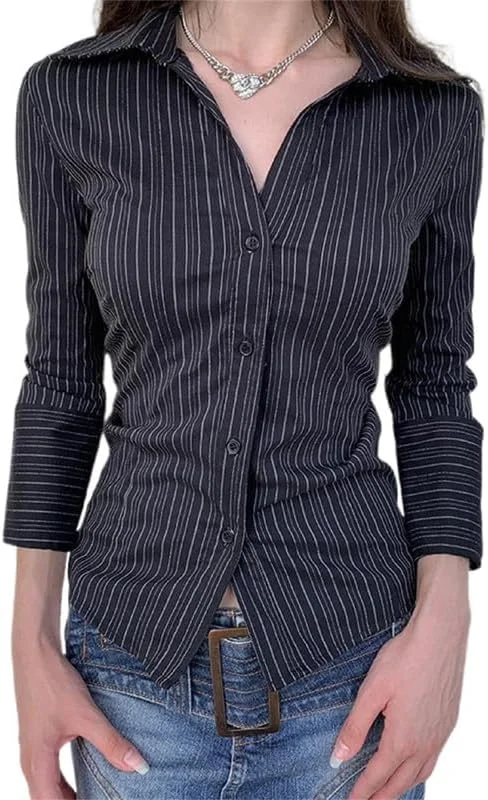 بلوز آستین بلند زنانه Y2K، دکمه دار، مدل پرپی، پیراهن دکمه دار، بلوز جذب، یقه هفت، استایل کوکت، لباس تنگ