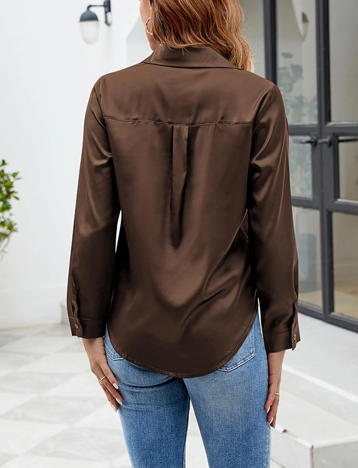 SEAUR پیراهن ساتن زنانه آستین بلند بلوز ابریشمی دکمه دار مناسب کار تاپ غیر رسمی و اداری با جیب