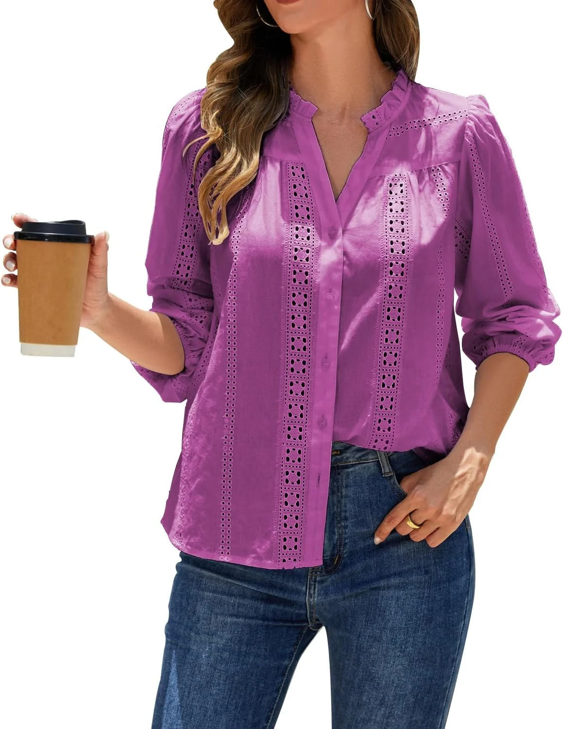 بلوز دکمه دار مخمل زنانه شیک با تزئینات قلاب بافی، آستین بلند مناسب استفاده روزمره/اداری