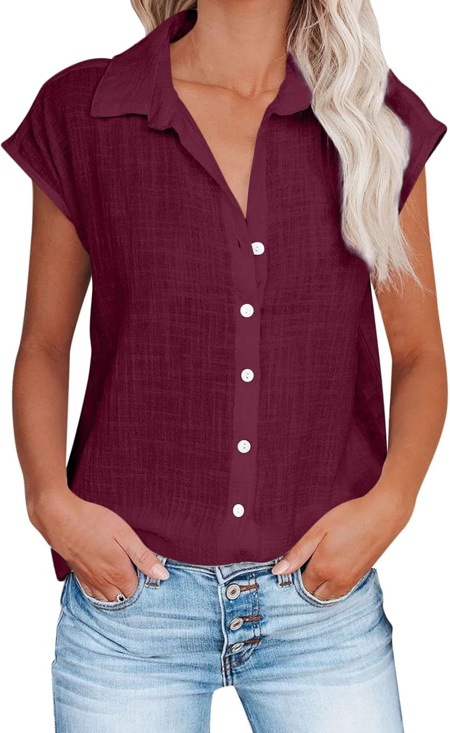 SHOPESSA بلوزهای لینن زنانه آستین کوتاه دکمه دار مناسب بهار و تابستان