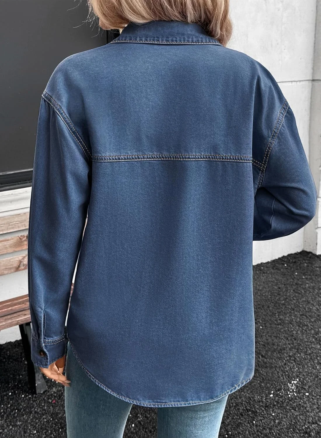 Sidefeel پیراهن جین زنانه، آستین بلند، دکمه دار، یقه هفت، شومیز کژوال