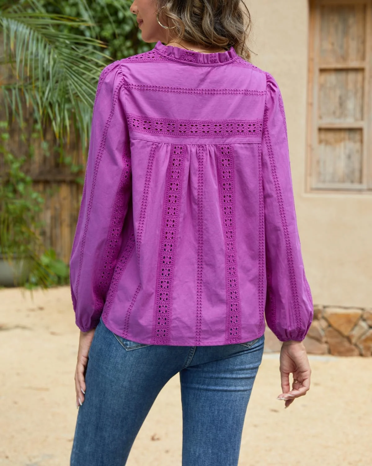 بلوز دکمه دار مخمل زنانه شیک با تزئینات قلاب بافی، آستین بلند مناسب استفاده روزمره/اداری