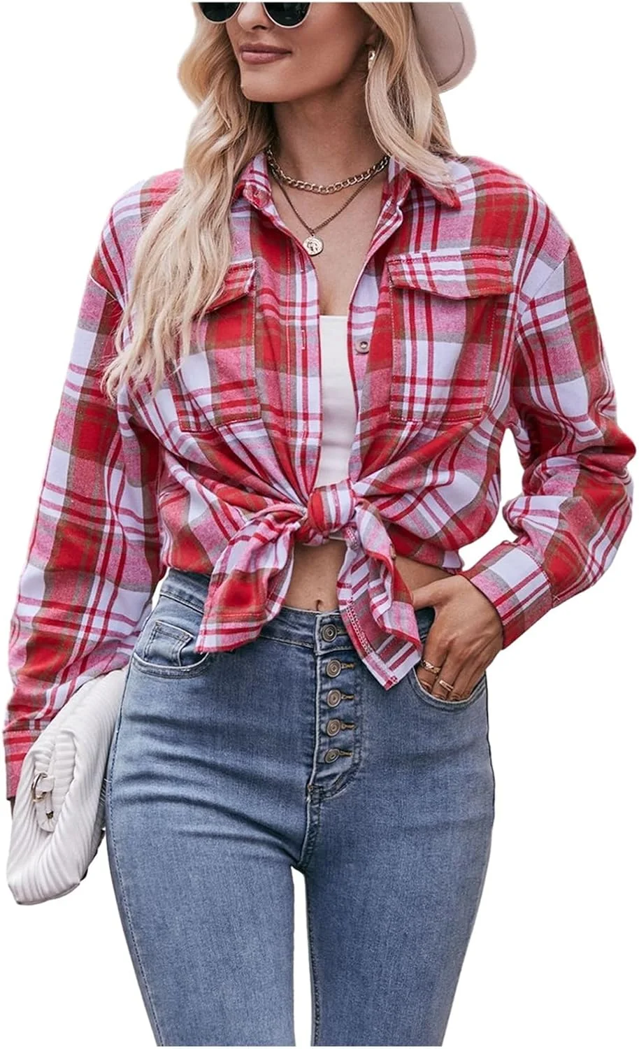 پیراهن زنانه چهارخانه دکمه دار آستین بلند با گره کراواتی - تاپ های غیر رسمی بهاره و پاییزه مناسب استایل خیابانی