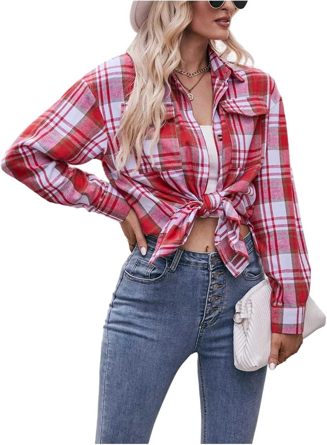 پیراهن زنانه چهارخانه دکمه دار آستین بلند با گره کراواتی - تاپ های غیر رسمی بهاره و پاییزه مناسب استایل خیابانی