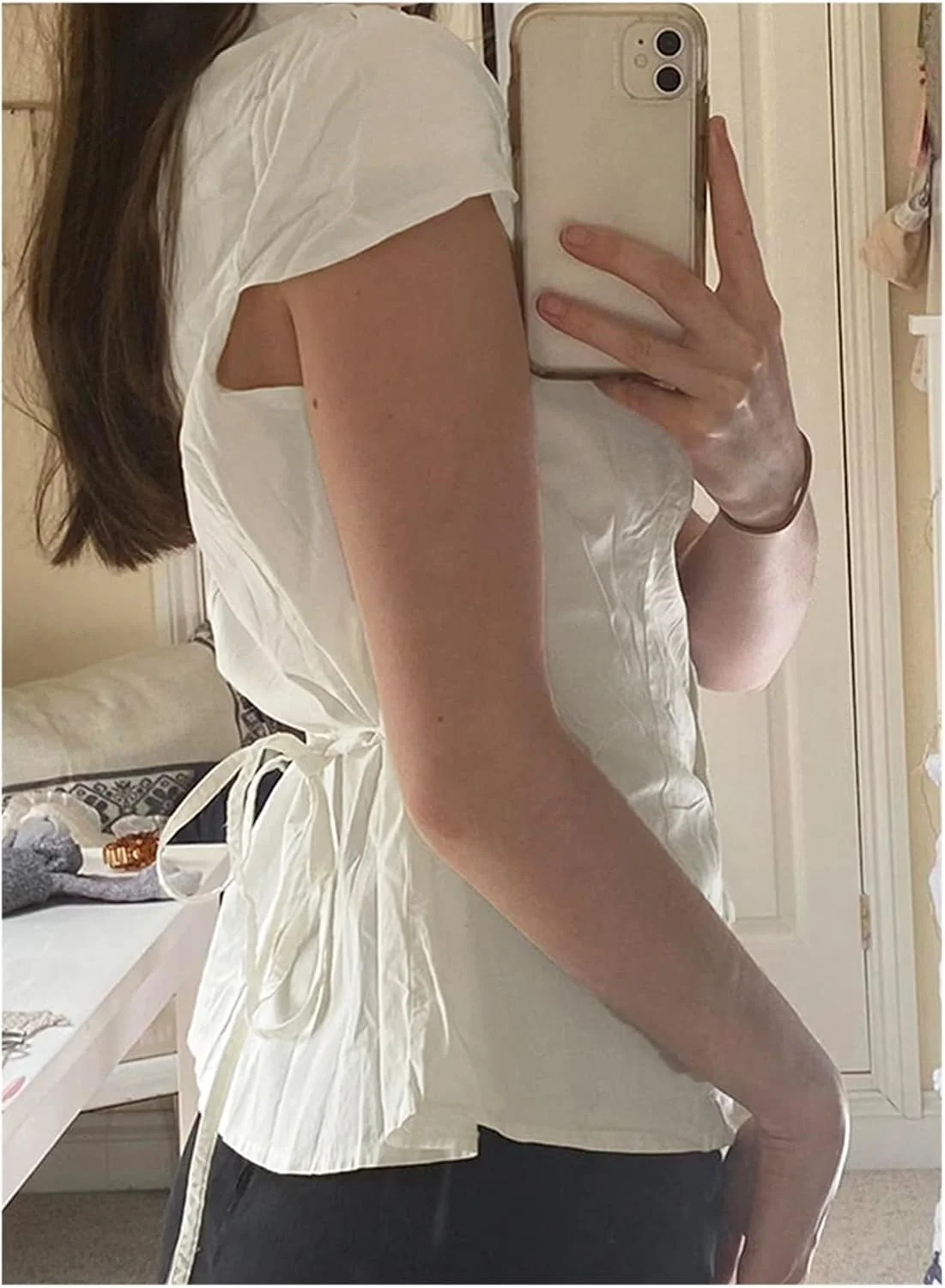 پیراهن زنانه 2024 آستین کوتاه دکمه دار - تاپ تابستانی اسلیم فیت با بند گره ای پشت و یقه برگردان