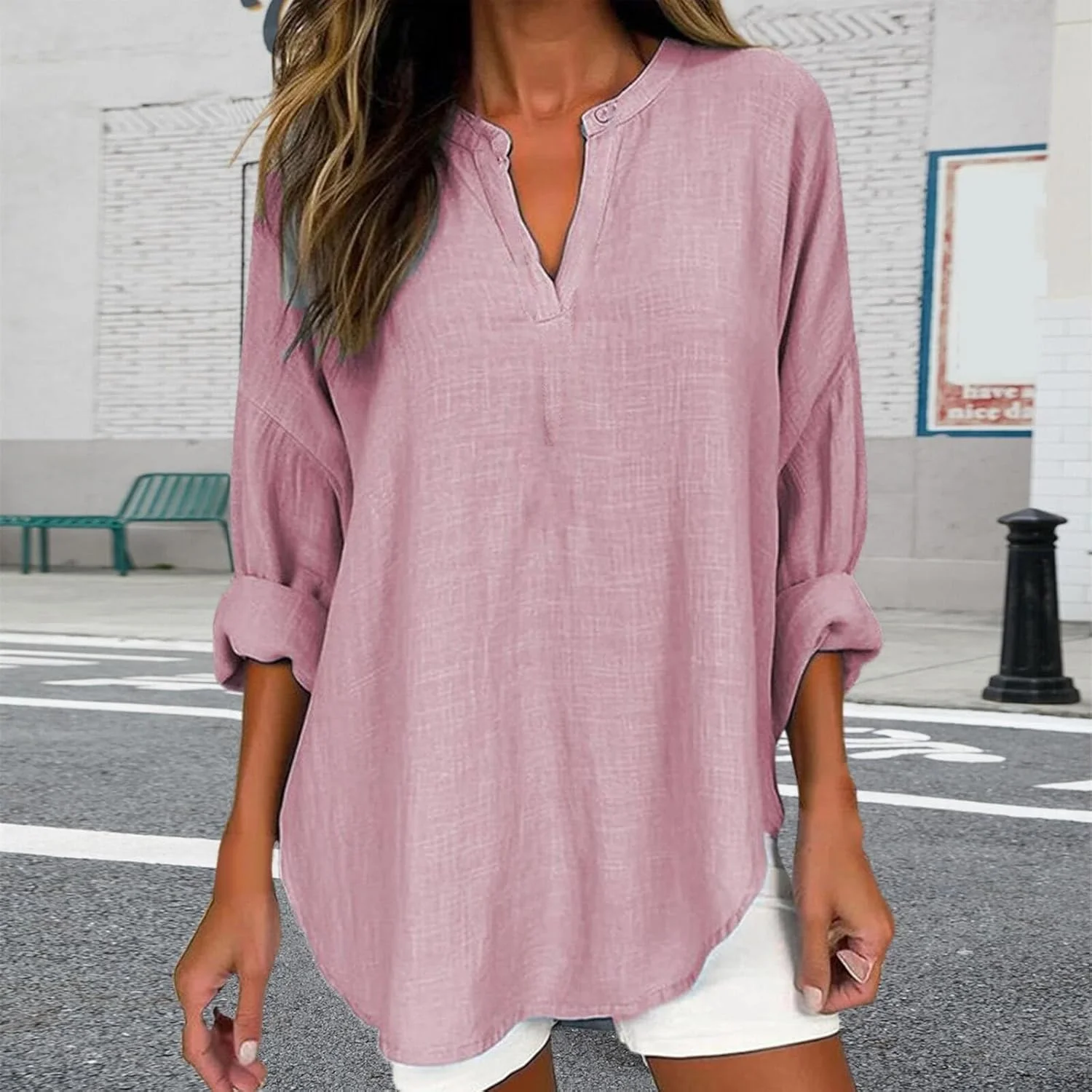 پیراهن های لینن زنانه پاییز 2024، بلوزهای آستین بلند دکمه دار یقه هفت، شیک، راحت، مناسب کار و استایل کژوال