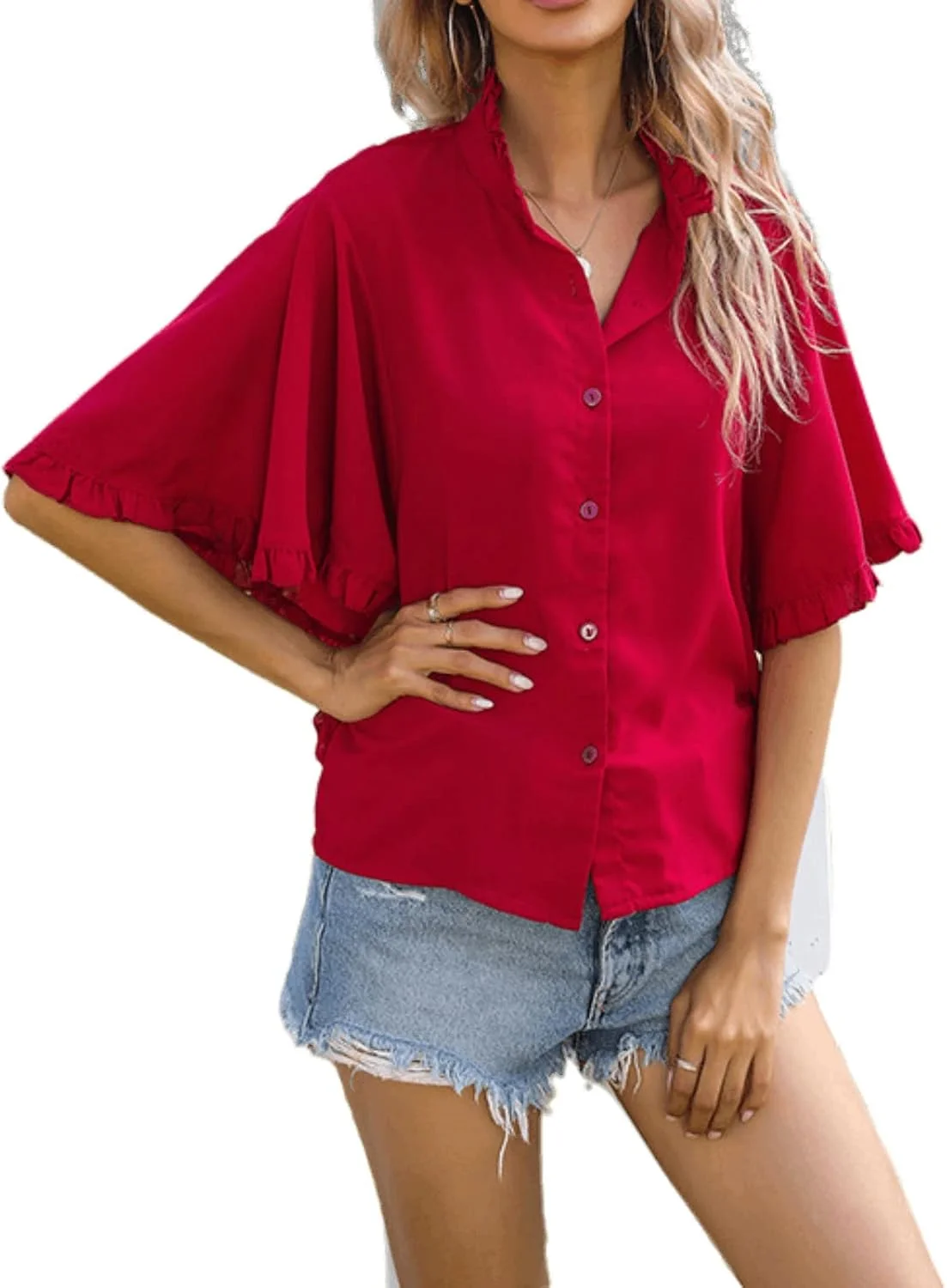 SHINsuke بلوز زنانه دکمه دار آستین پفی، شومیز شیفون بهاره/تابستانه - قرمز، سایز L