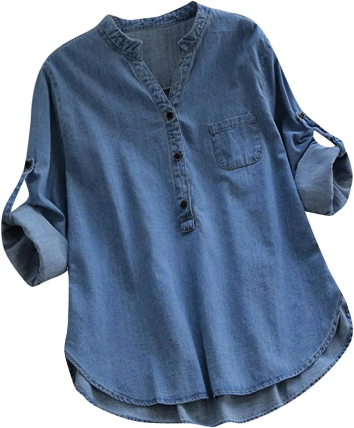 پیراهن های جین زنانه آستین بلند سایز بزرگ یقه گرد دکمه دار بلوز کابویی سبک