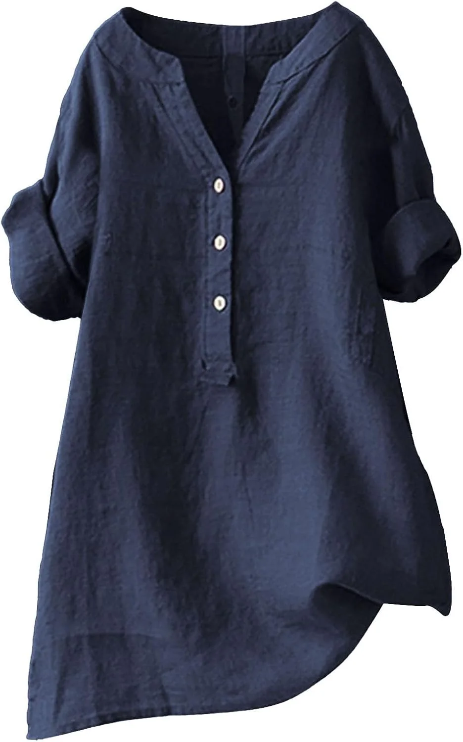 پیراهن های لینن زنانه، بلوز دکمه دار گشاد، یقه ایستاده، آستین سه ربع، بلوز زنانه غیر رسمی