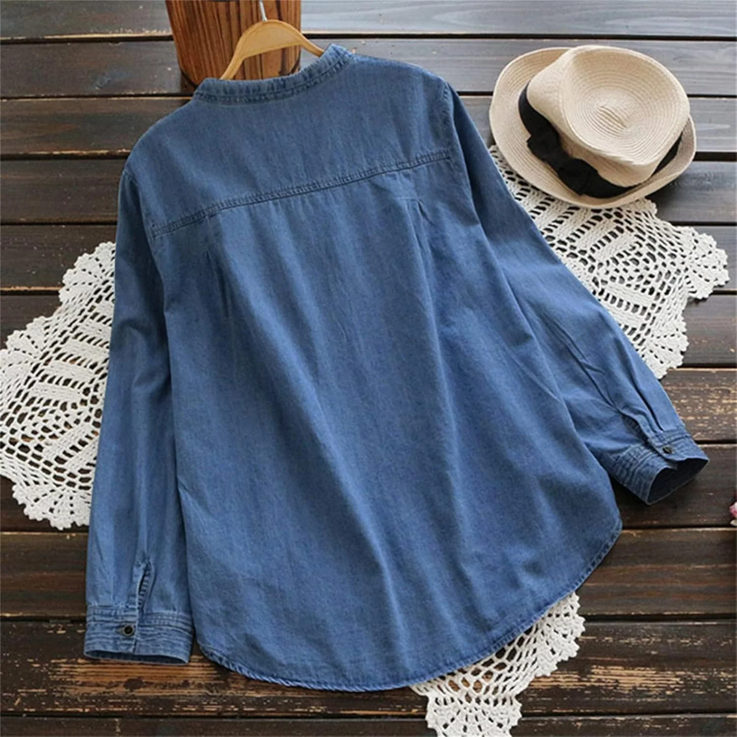 پیراهن های جین زنانه آستین بلند سایز بزرگ یقه گرد دکمه دار بلوز کابویی سبک