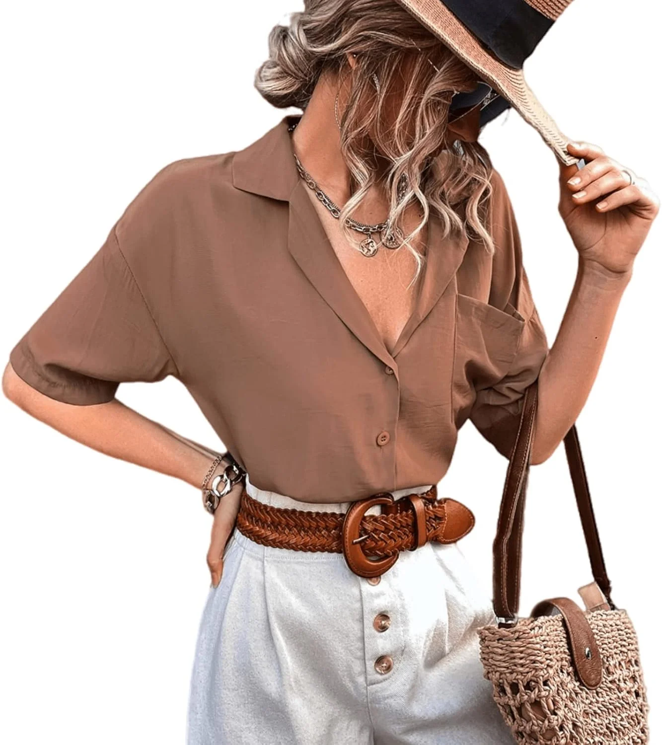 پیراهن های دکمه دار تابستانی زنانه یقه هفت آستین کوتاه تاپ های دکمه دار گشاد غیر رسمی یکپارچهسازی با جیب