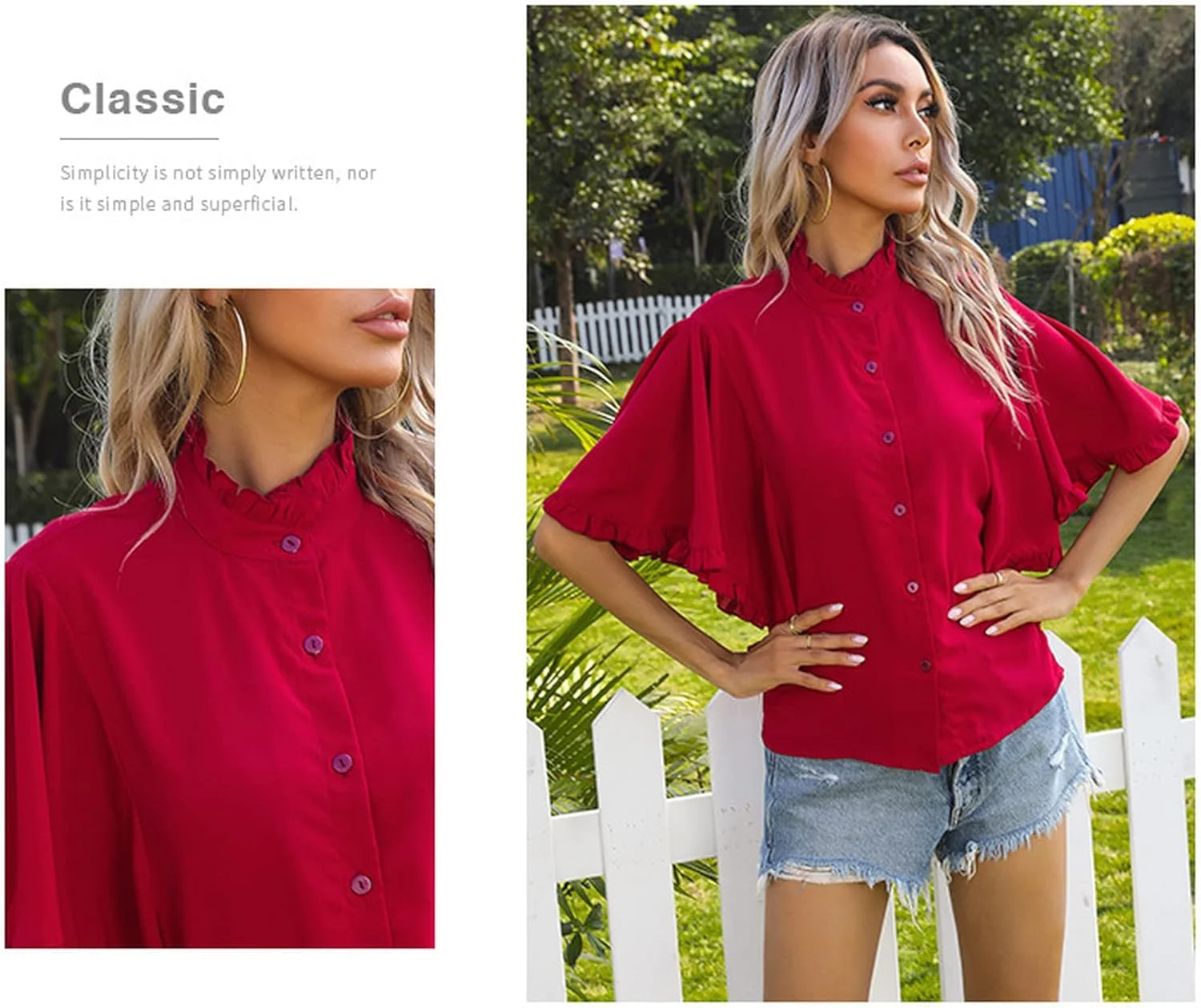 شومیز دکمه دار زنانه شینسوکه، بلوز آستین چین دار، تاپ و کاردیگان شیفون آزاد مناسب بهار و تابستان - قرمز، سایز S