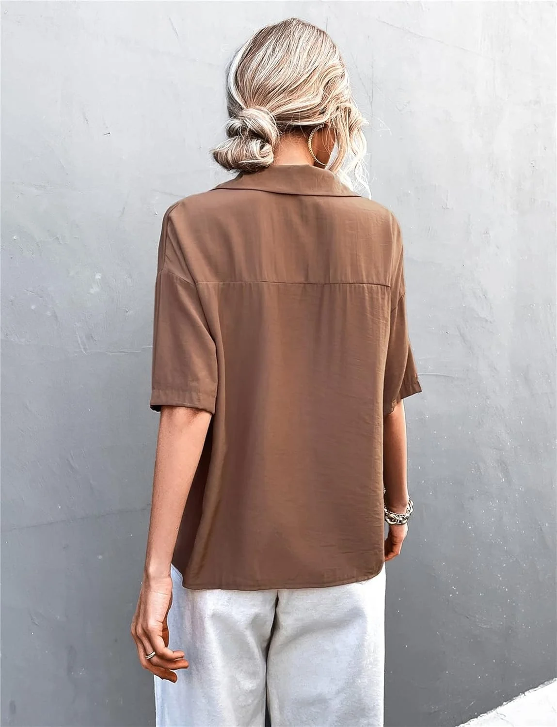 پیراهن های دکمه دار تابستانی زنانه یقه هفت آستین کوتاه تاپ های دکمه دار گشاد غیر رسمی یکپارچهسازی با جیب