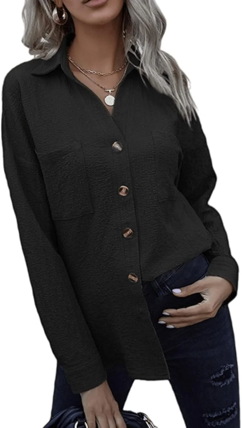 شومیز دکمه دار بهاره زنانه شینسوکه، بلوز آستین بلند یکدست، تونیک، کاردیگان، تیشرت آزاد مناسب استایل اداری، مشکی، L