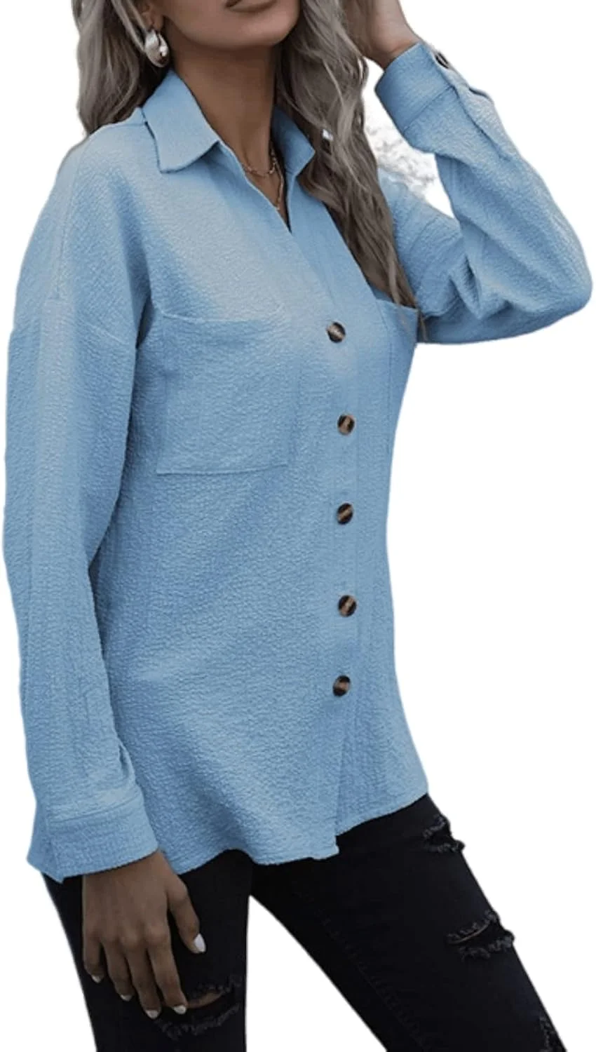 SHINsuke پیراهن زنانه بهاره دکمه دار، بلوز آستین بلند یکدست، تونیک، ژاکت کشباف آزاد، تی شرت اداری زنانه، آبی، S