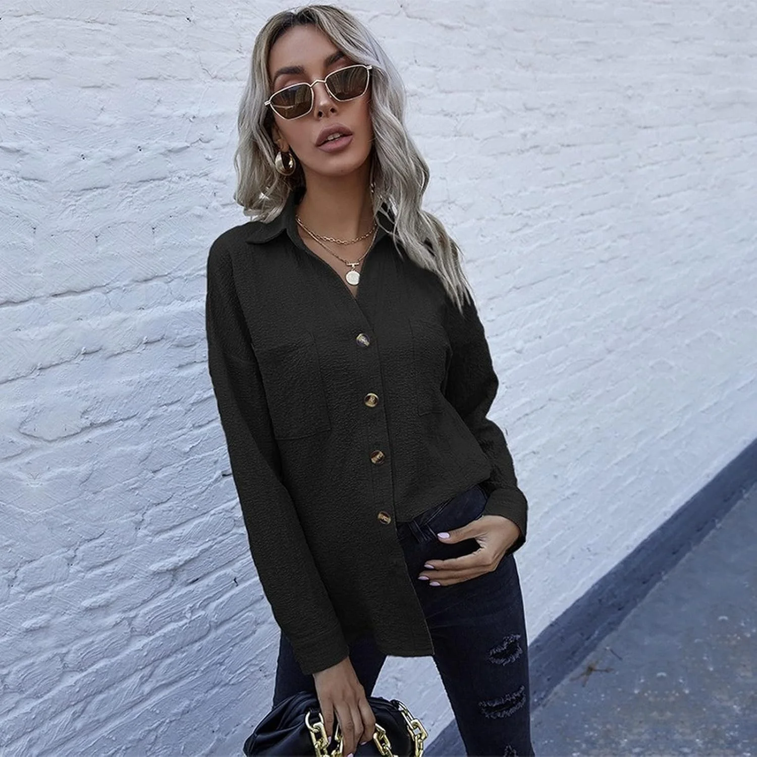 شومیز دکمه دار بهاره زنانه شینسوکه، بلوز آستین بلند یکدست، تونیک، کاردیگان، تیشرت آزاد مناسب استایل اداری، مشکی، L