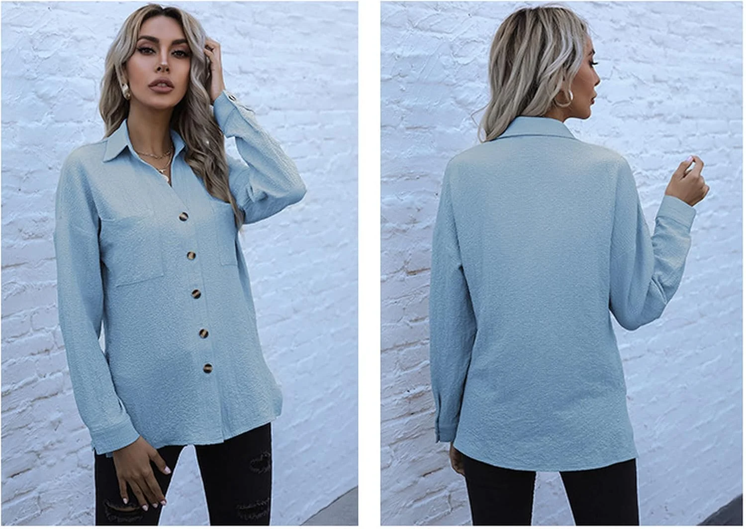SHINsuke پیراهن زنانه بهاره دکمه دار، بلوز آستین بلند یکدست، تونیک، ژاکت کشباف آزاد، تی شرت اداری زنانه، آبی، S