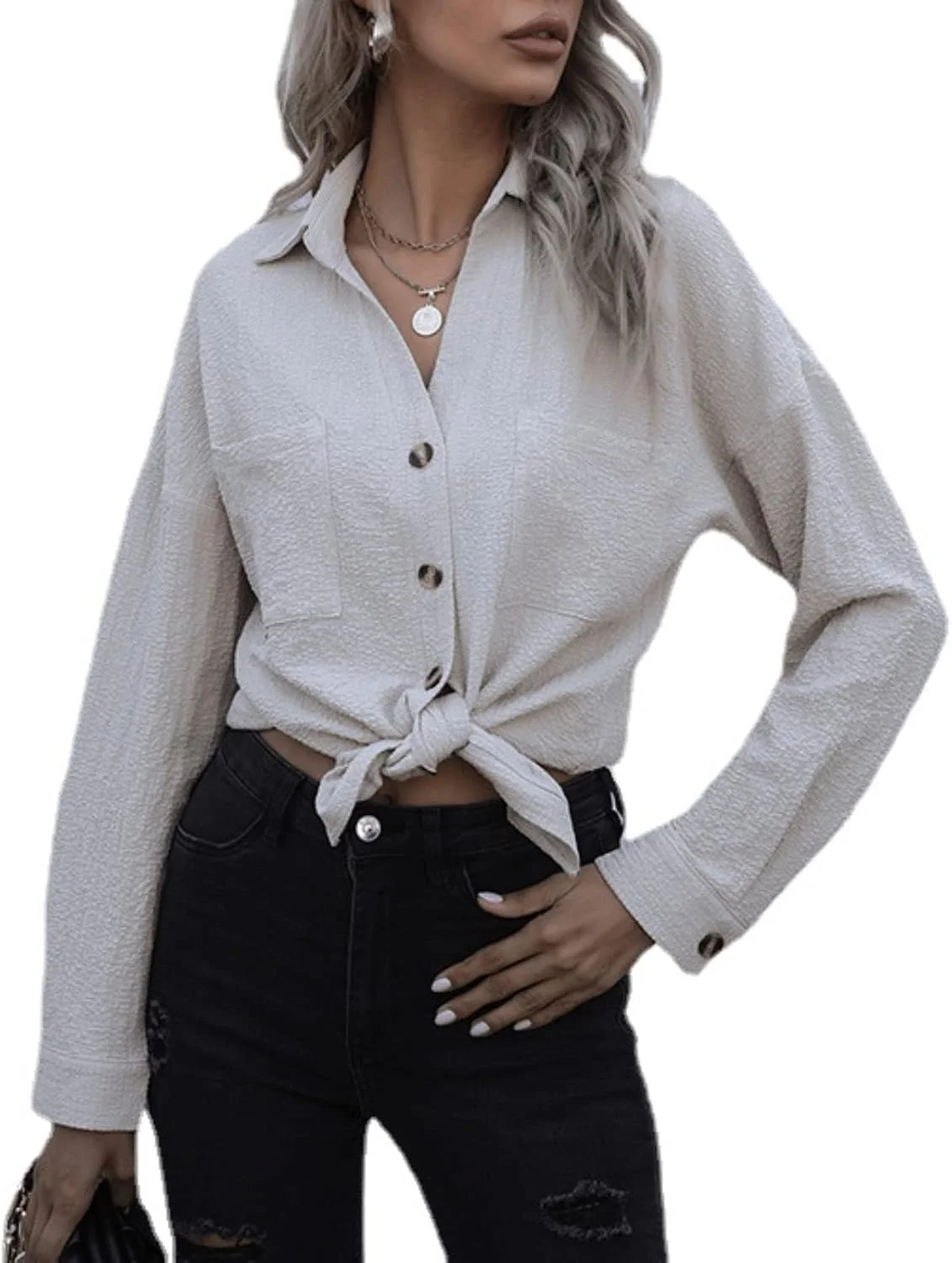 SHINsuke پیراهن زنانه بهاره دکمه دار غیر رسمی، بلوز آستین بلند یکدست، تونیک، ژاکت کش باف پشمی، تی شرت گشاد اداری زنانه، بژ، M