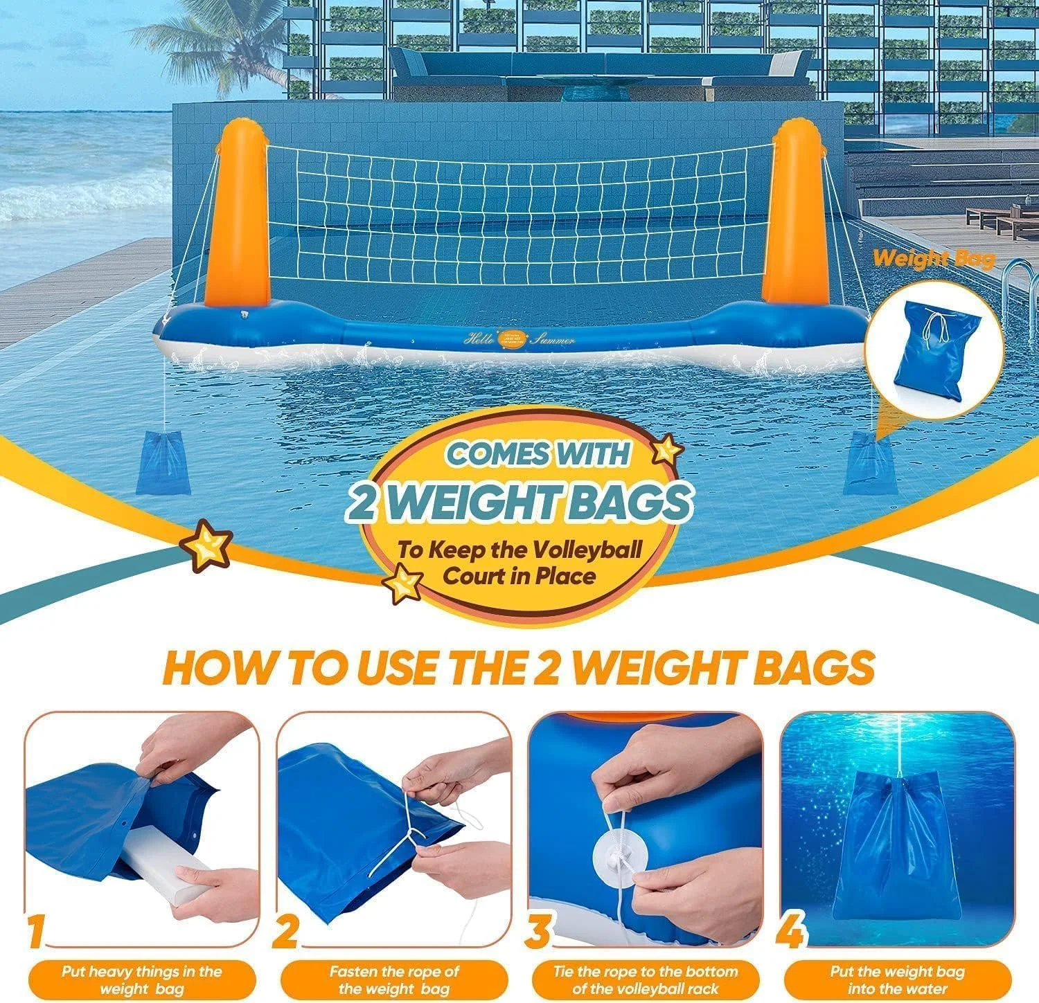 ست والیبال و بسکتبال استخر KIDSMARKT - تور والیبال بزرگتر 125 اینچی برای داخل زمین شامل 2 توپ و 2 کیسه وزنه، بازی اسباب بازی استخر برای بزرگسالان - زمین والیبال (125”x38”x30”)