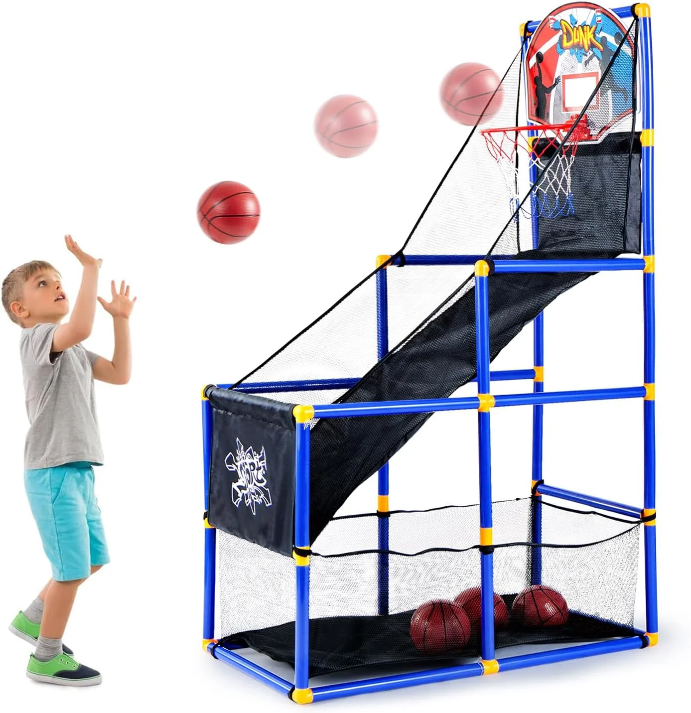 ست بازی بسکتبال آرکید Masroo با 4 توپ و حلقه برای کودکان 3 تا 12 سال، مناسب بازی ورزشی در فضای داخلی و خارجی - نصب آسان - دارای پمپ هوا - ایده آل برای مسابقه