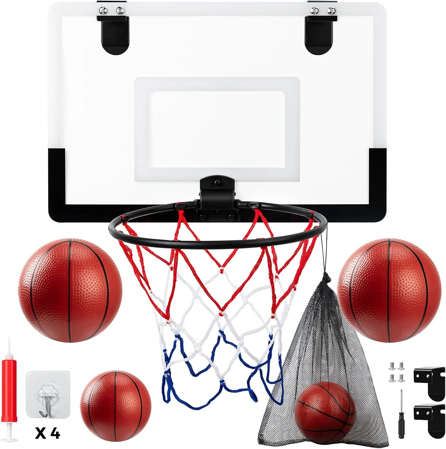 ست حلقه بسکتبال کوچک برای کودکان - ست کامل با تخته، 4 توپ، پمپ، پدهای فومی و قلاب - نصب چند منظوره روی دیوار و در برای استفاده در داخل و خارج از خانه، هدیه ای برای کودکان و بزرگسالان ست حلقه بسکتبال کوچک برای کودکان - ست کامل با تخته، 4 توپ، پمپ، پدهای فومی و قلاب - نصب چند منظوره روی دیوار و در برای استفاده در داخل و خارج از خانه، هدیه ای برای کودکان و بزرگسالان