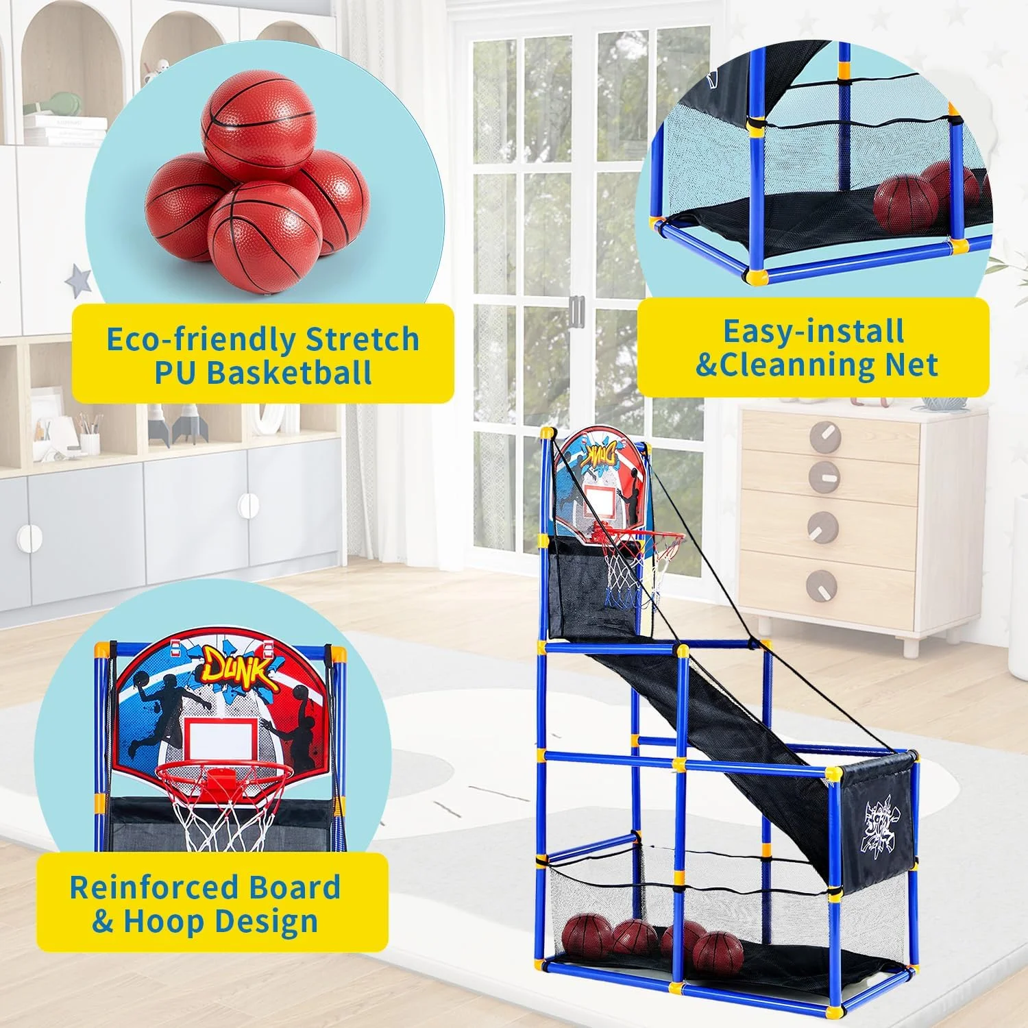 ست بازی بسکتبال آرکید Masroo با 4 توپ و حلقه برای کودکان 3 تا 12 سال، مناسب بازی ورزشی در فضای داخلی و خارجی - نصب آسان - دارای پمپ هوا - ایده آل برای مسابقه