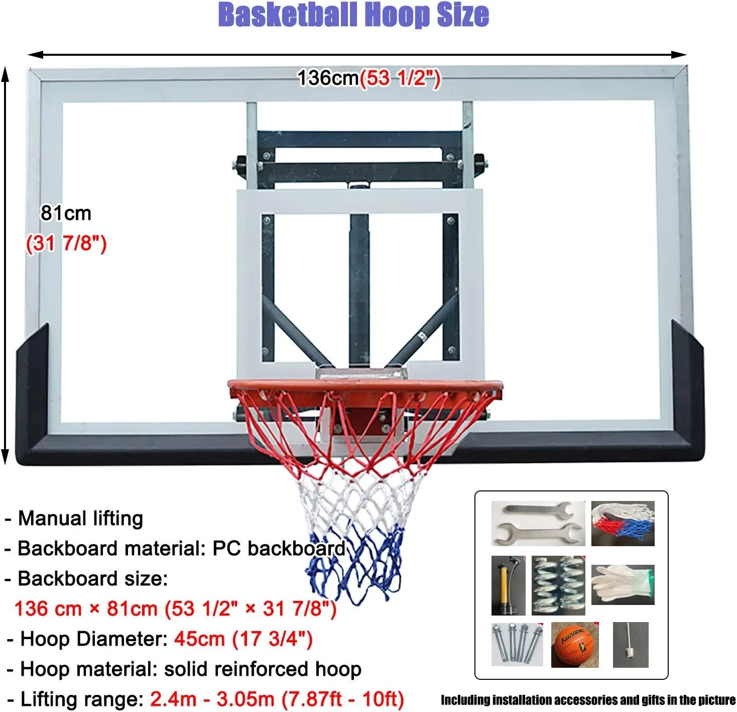 حلقه بسکتبال KUOYTT برای بزرگسالان و کودکان، ارتفاع 3 متر، قابل نصب روی دیوار، تور و حلقه بسکتبال، مناسب فضای باز، سنگین و قابل تنظیم ارتفاع