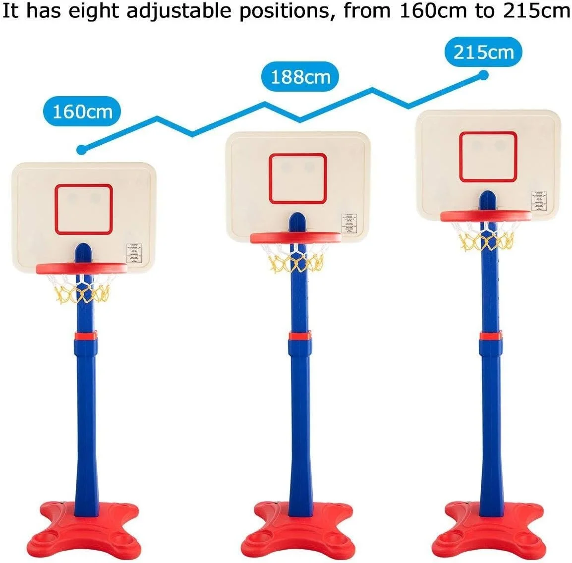 ست بسکتبال کودکان کیدوزی 215 سانتی‌متری، سیستم حلقه و تور ایمن و قابل تنظیم، پایه بسکتبال قابل حمل برای بازی کودکان و نوجوانان در داخل و خارج از خانه به عنوان اسباب‌بازی/هدیه آموزشی