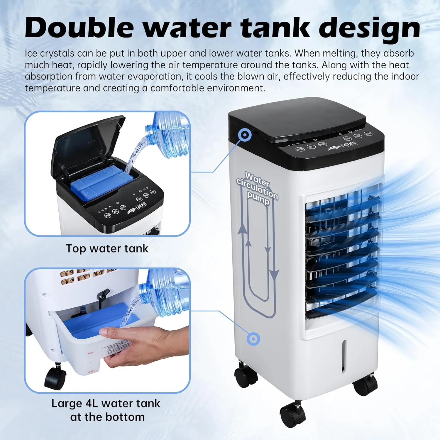 کولر گازی قابل حمل، کولر تبخیری 3 در 1، 4 حالت/3 سرعت، تایمر، نمایشگر LED، کنترل از راه دور، کولر گازی بدون پنجره، واحد AC قابل حمل با 4 چرخ - توسط کولر گازی قابل حمل