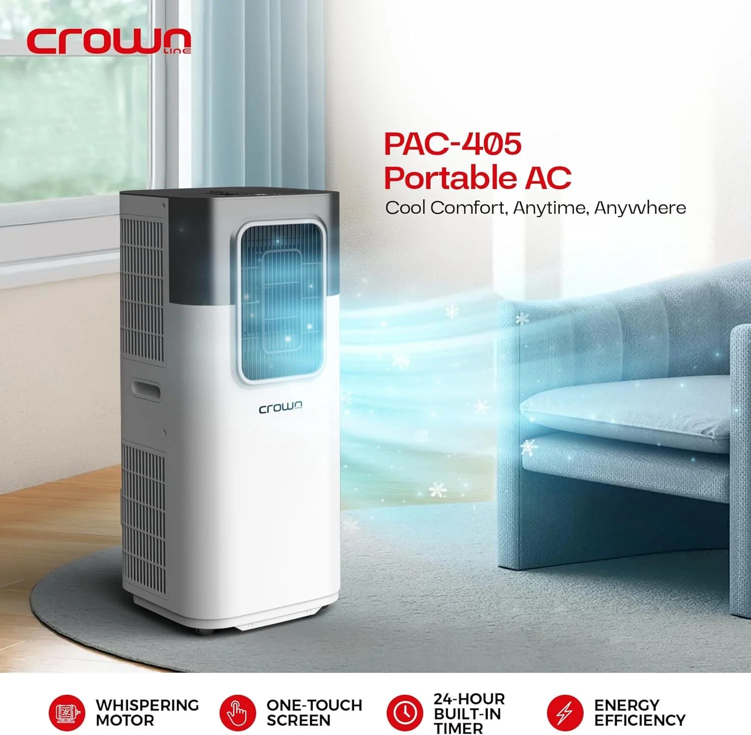 کولر گازی پرتابل 1 تنی Crownline، 12000 BTU، سرمایش 4 در 1، رطوبت گیر، فن، حالت خودکار، 3 سرعت فن، صفحه لمسی، کنترل از راه دور، تایمر 4 ساعته، 18-32 درجه سانتیگراد، جریان هوا 410 متر مکعب در ساعت | PAC-405