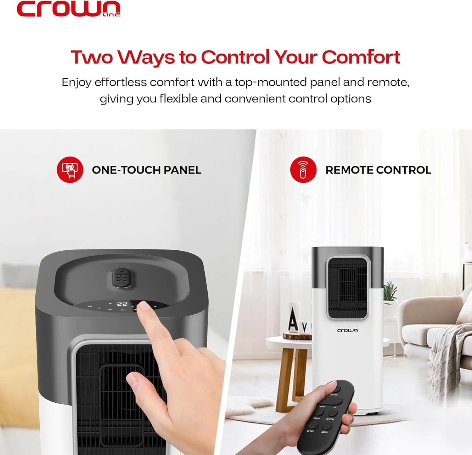 کولر گازی پرتابل 1 تنی Crownline، 12000 BTU، سرمایش 4 در 1، رطوبت گیر، فن، حالت خودکار، 3 سرعت فن، صفحه لمسی، کنترل از راه دور، تایمر 4 ساعته، 18-32 درجه سانتیگراد، جریان هوا 410 متر مکعب در ساعت | PAC-405