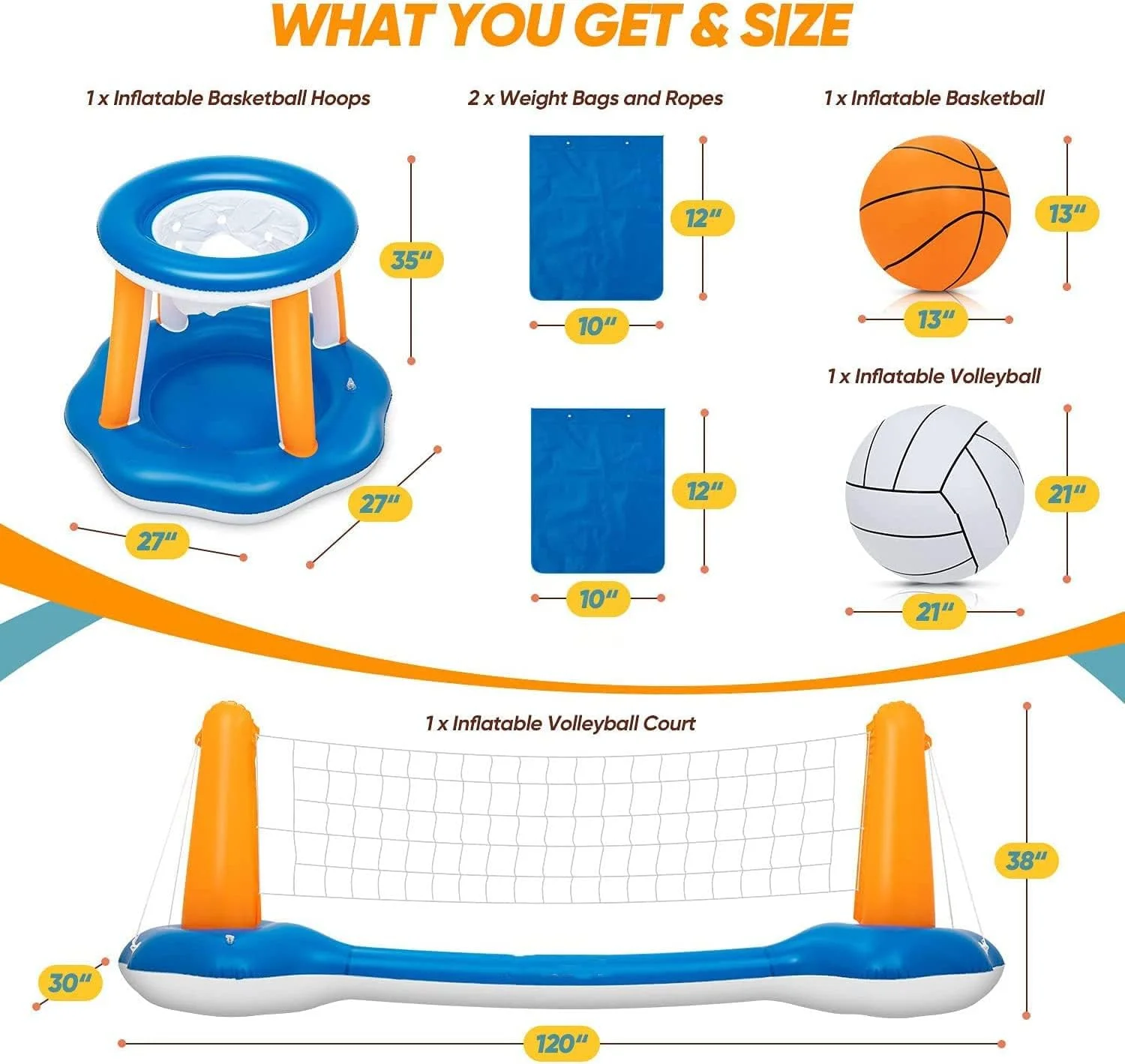 ست تور والیبال بادی بازی های استخر SKADE، اسباب بازی های شناور مهمانی تابستانی برای بزرگسالان، نوجوانان و خانواده. زمین والیبال (300 X 95 سانتی متر) حلقه بسکتبال (90 X 90 X 60 سانتی متر)