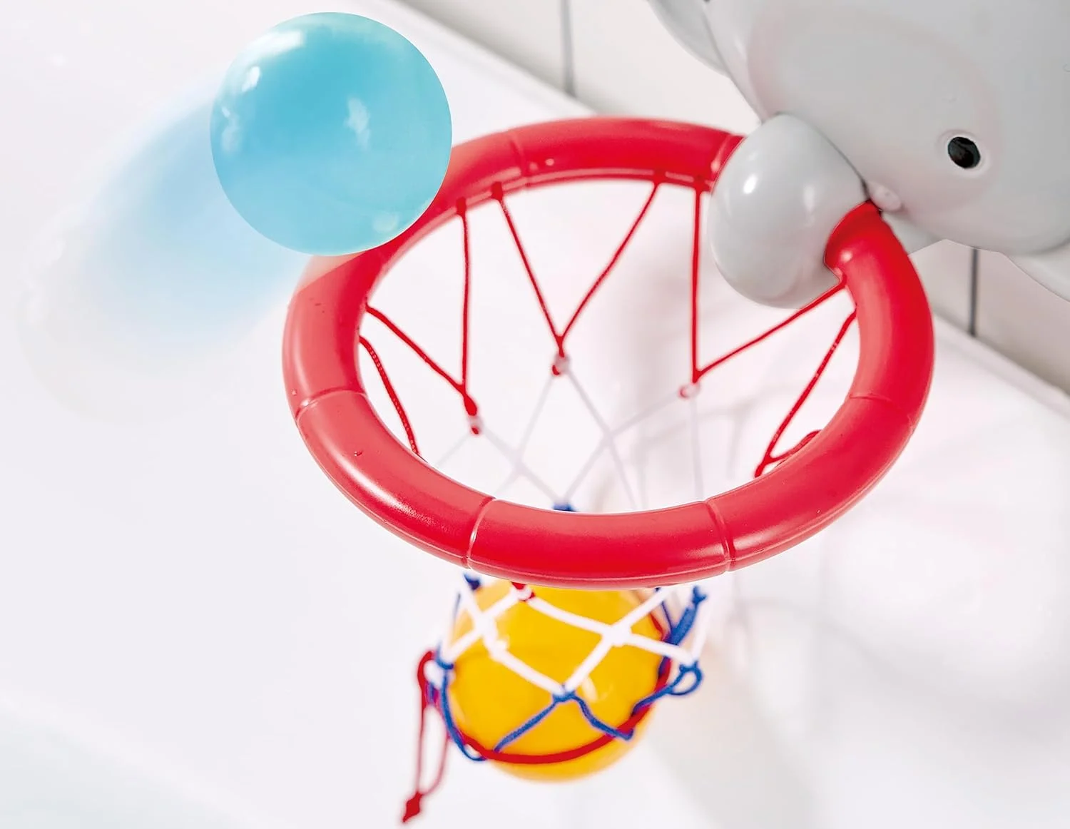 هاپه فیل بسکتبال دوست حمام | حلقه شناور سرگرم کننده و ست توپ برای بازی در وان حمام | 4 توپ شناور نرم | فنجان های مکش برای اتصال آسان | توری تاشو برای نگهداری آسان | اسباب بازی های حمام و استخر