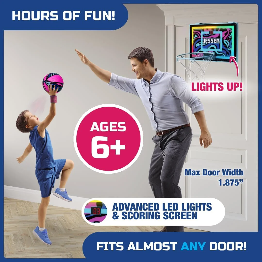 حلقه بسکتبال کوچک Jesser Hoop برای نصب روی درب – دارای 2 حالت بازی: تایمر شات یا ثبت امتیاز، توپ اختصاصی 5 اینچی، صفحه نمایش LED برقی، تور، پمپ هوا - سرگرمی ورزشی داخل خانه برای کودکان 6 سال به بالا حلقه بسکتبال کوچک Jesser Hoop برای نصب روی درب – دارای 2 حالت بازی: تایمر شات یا ثبت امتیاز، توپ اختصاصی 5 اینچی، صفحه نمایش LED برقی، تور، پمپ هوا - سرگرمی ورزشی داخل خانه برای کودکان 6 سال به بالا