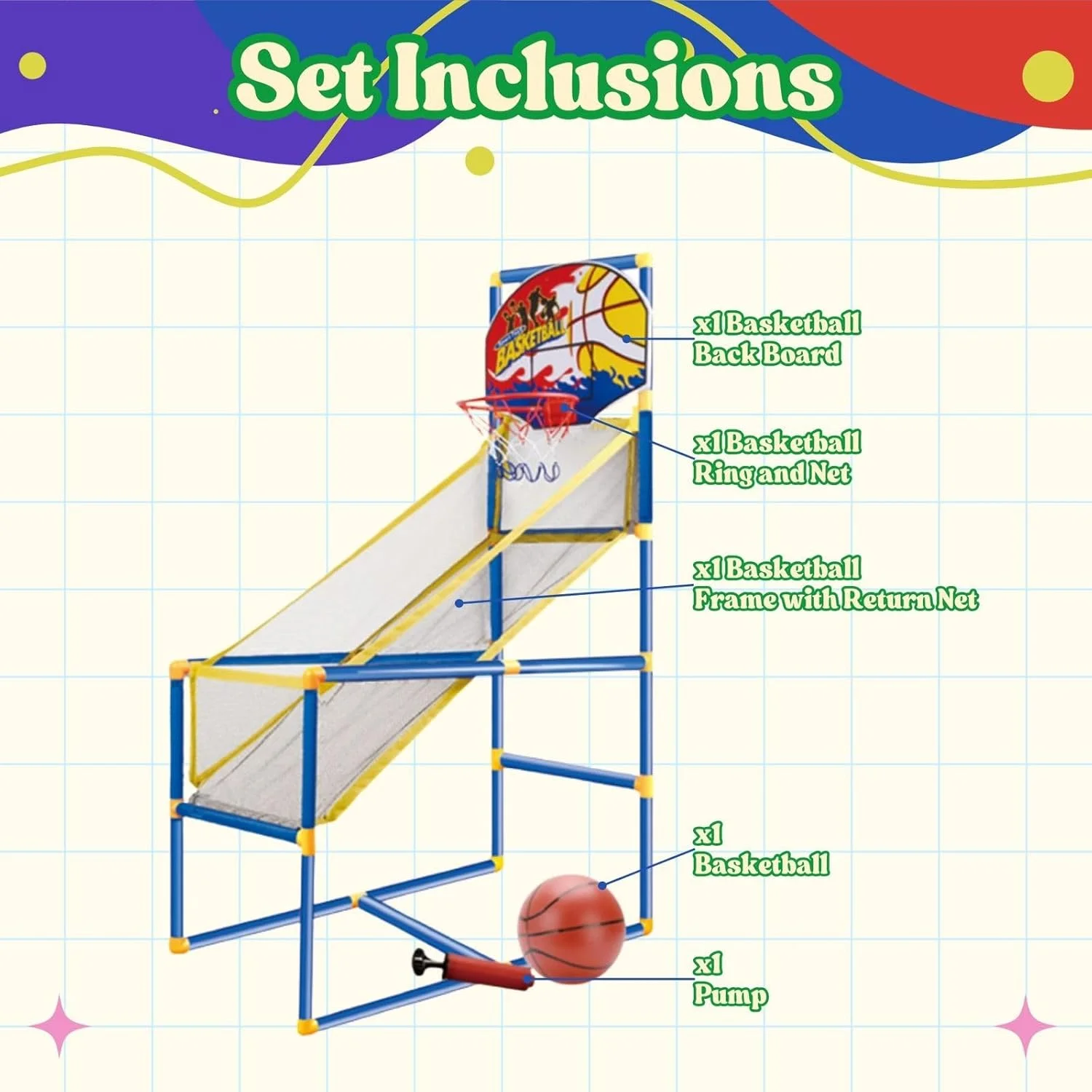 ست بازی بسکتبال هوشمند خانگی شامل 82 قطعه برای بازی و فعالیت بدنی کودکان نوپا، ایده آل برای مناسبت های خاص، هدیه برای بازی های ورزشی پسران و دختران برای سنین 2، 3، 4، 5، 6، 7، 8، 9 و 10 سال ست بازی بسکتبال هوشمند خانگی شامل 82 قطعه برای بازی و فعالیت بدنی کودکان نوپا، ایده آل برای مناسبت های خاص، هدیه برای بازی های ورزشی پسران و دختران برای سنین 2، 3، 4، 5، 6، 7، 8، 9 و 10 سال