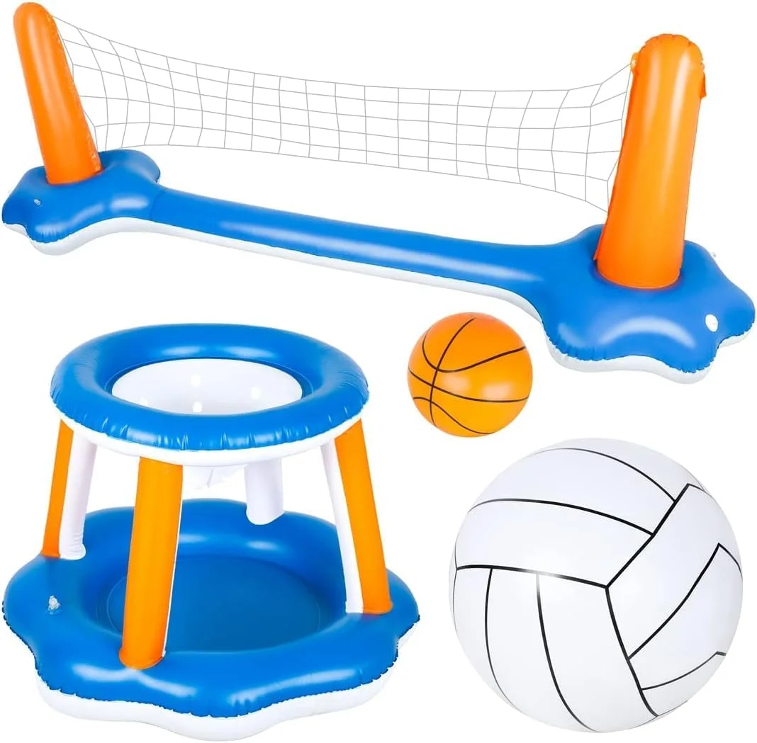 تور والیبال بادی GGEROU و حلقه های بسکتبال شناور استخر به همراه توپ، اسباب بازی های بازی استخر تابستانی برای کودکان و بزرگسالان، زمین والیبال (30" x 38" x 120")، بسکتبال (27”x23”x27”) تور والیبال بادی GGEROU و حلقه های بسکتبال شناور استخر به همراه توپ، اسباب بازی های بازی استخر تابستانی برای کودکان و بزرگسالان، زمین والیبال (30" x 38" x 120")، بسکتبال (27”x23”x27”)