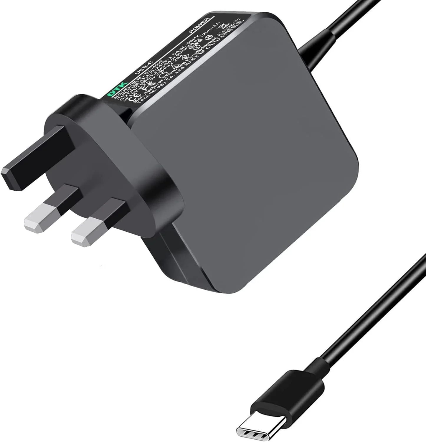 شارژر لپ تاپ 45 واتی USB C مدل DTK برای ایسوس، سامسونگ، Thinkpad Yoga، دل، لنوو، ایسر، اچ پی، نوت بوک، کامپیوتر، سیم برق، آداپتور AC، کانکتور Type C، مشکی، DTK-TYPE-45W-UK