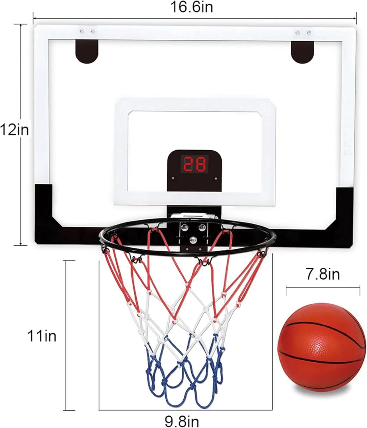 ست حلقه بسکتبال کوچک قابل حمل دیواری دیجیتال، ست بسکتبال داخلی برای کودکان و بزرگسالان، اسباب بازی بسکتبال با حلقه فولادی با تخته پشتی، 4 توپ کوچک و پمپ، لوازم جانبی بسکتبال