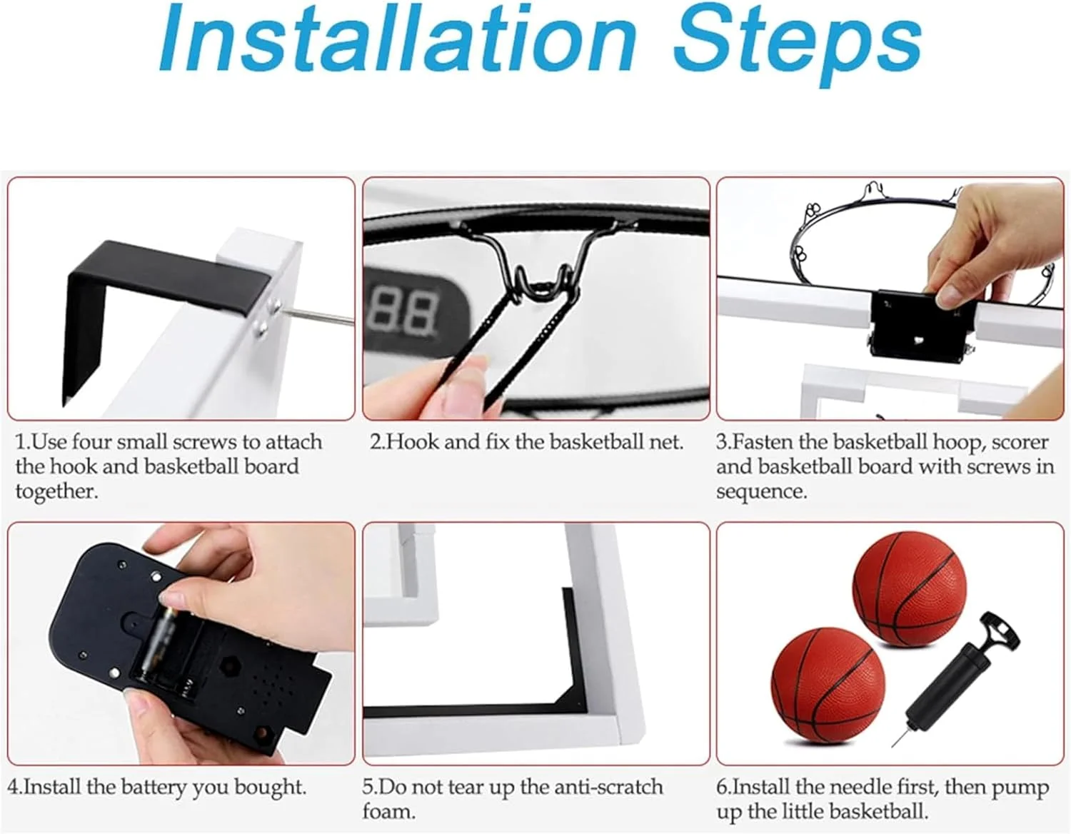 ست حلقه بسکتبال کوچک قابل حمل دیواری دیجیتال، ست بسکتبال داخلی برای کودکان و بزرگسالان، اسباب بازی بسکتبال با حلقه فولادی با تخته پشتی، 4 توپ کوچک و پمپ، لوازم جانبی بسکتبال
