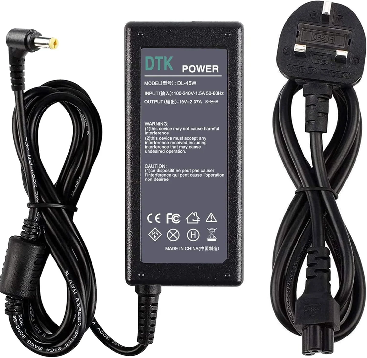 شارژر لپ تاپ 45 واتی DTK 19V 2.37A برای کامپیوترهای نوت بوک Acer، سیم برق، آداپتور AC Aspire ES V E TravelMate، کانکتور: 5.5 x 1.7mm